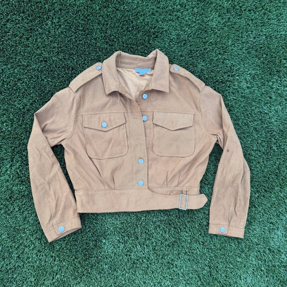 FAVLX Women's Tan Suede‎ Cropped Utility Jacket Belted Buckle Size M
